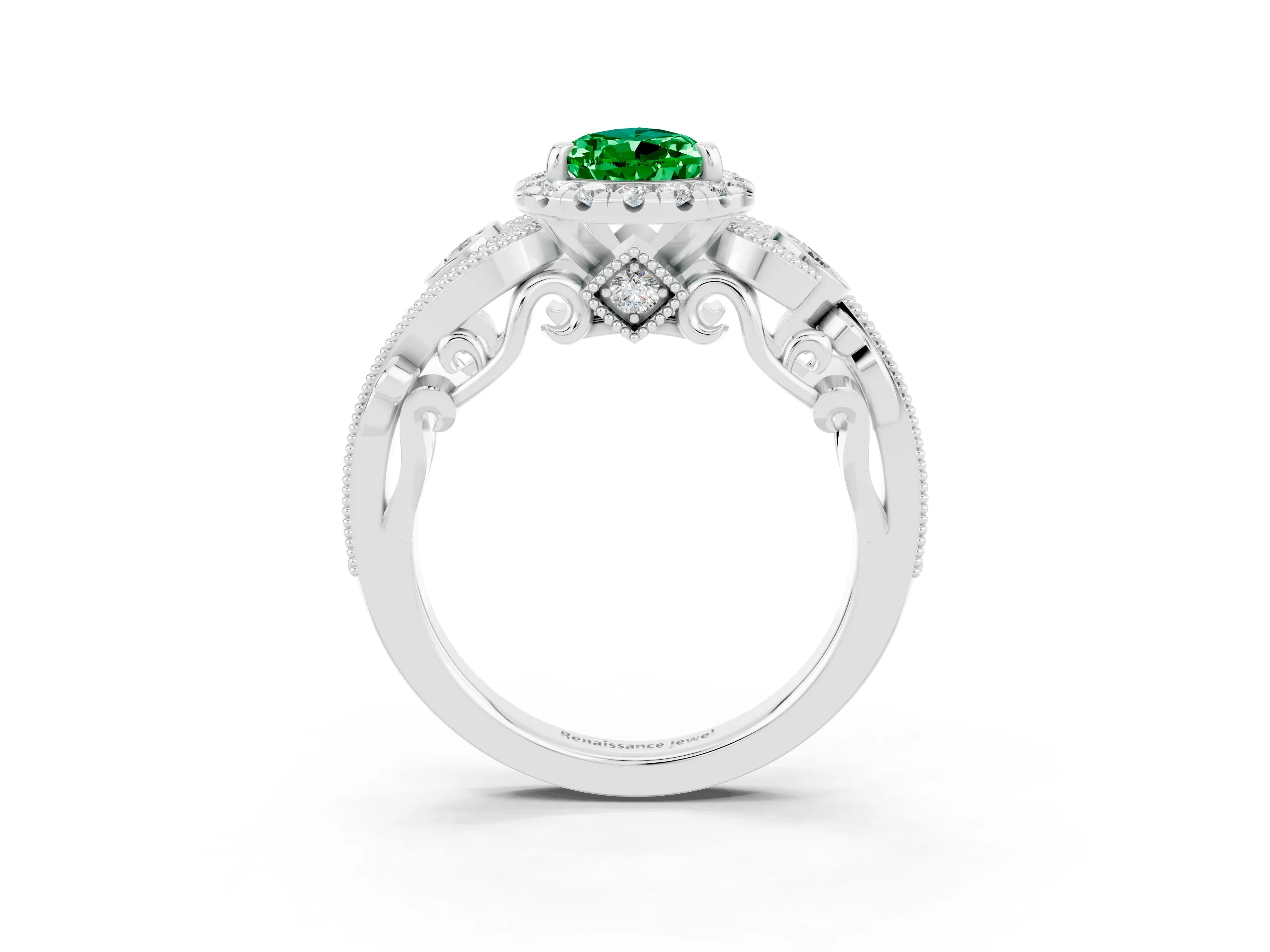White gold Pear Cut Emerald Halo Ring with Milgrain Pavé Band and Four-Prong Setting_15