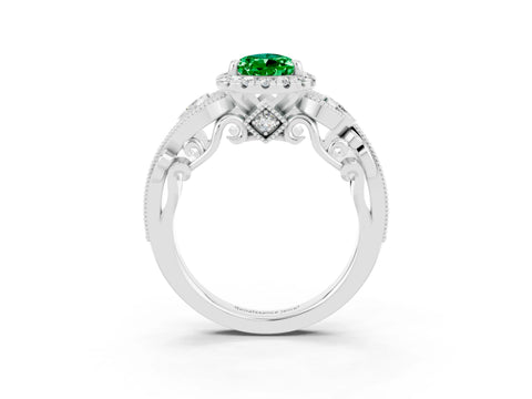 White gold Pear Cut Emerald Halo Ring with Milgrain Pavé Band and Four-Prong Setting_15