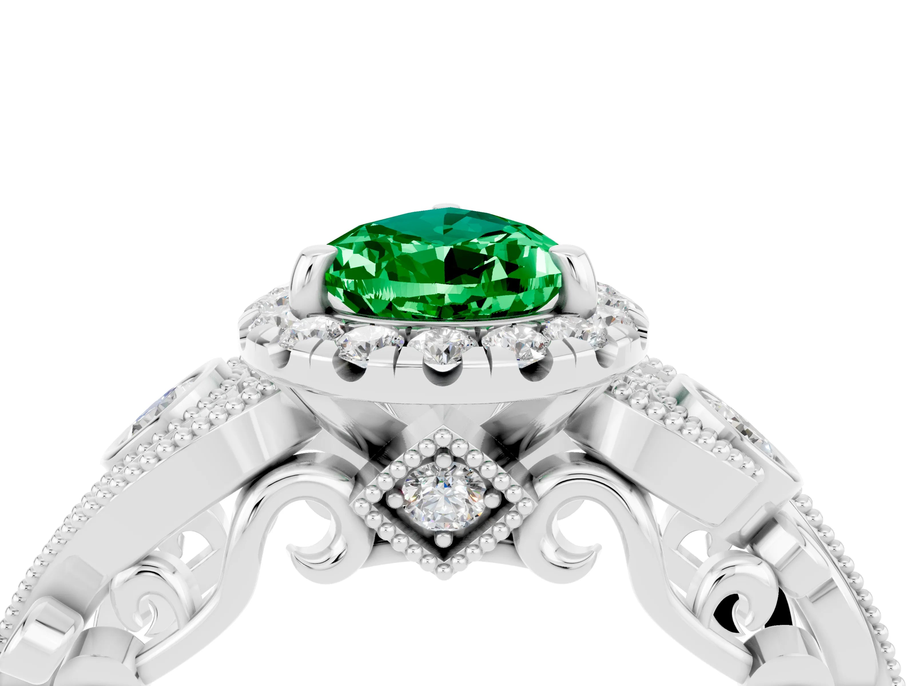 White gold Pear Cut Emerald Halo Ring with Milgrain Pavé Band and Four-Prong Setting_16