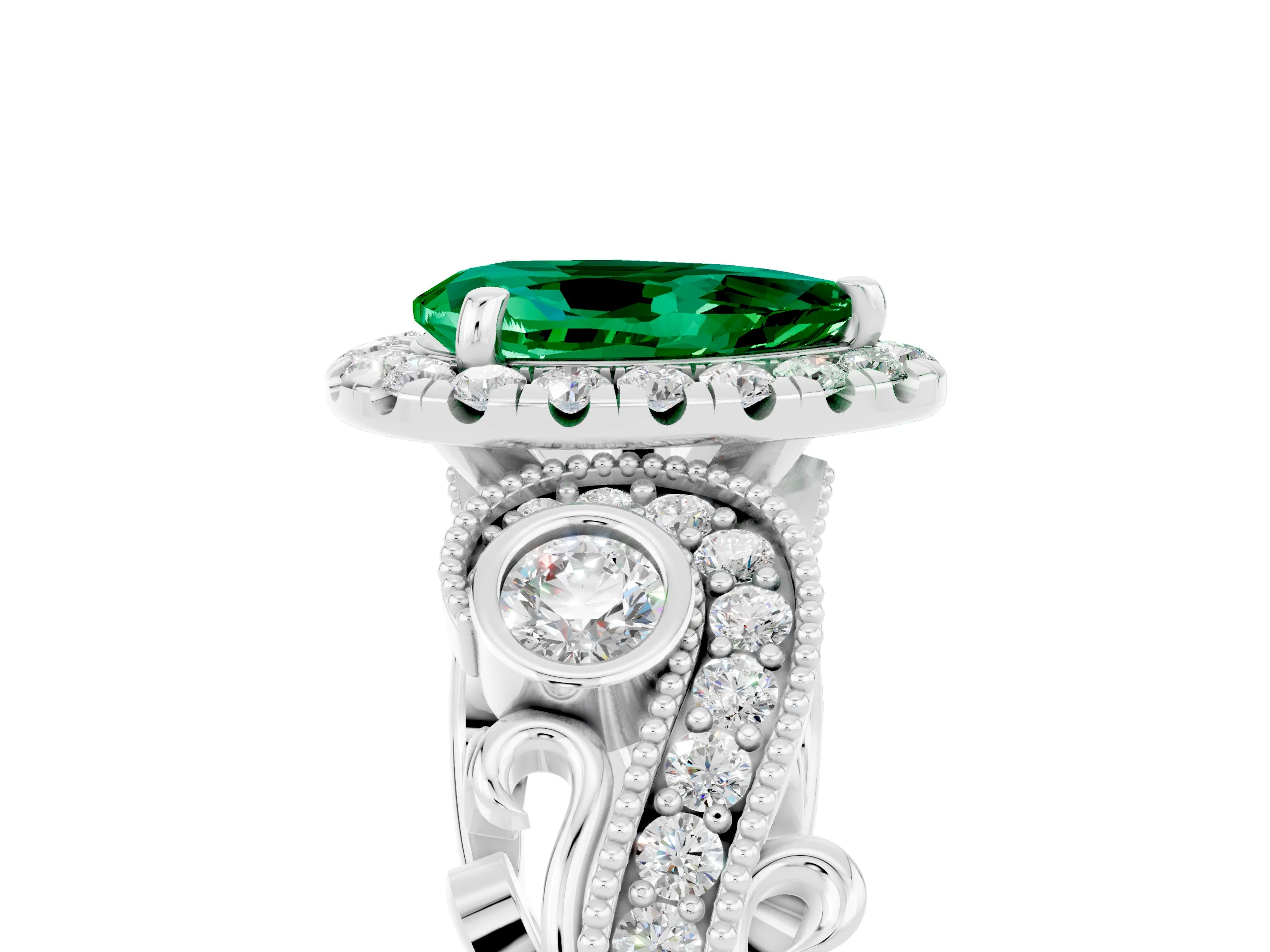 White gold Pear Cut Emerald Halo Ring with Milgrain Pavé Band and Four-Prong Setting_17