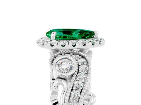 White gold Pear Cut Emerald Halo Ring with Milgrain Pavé Band and Four-Prong Setting_17
