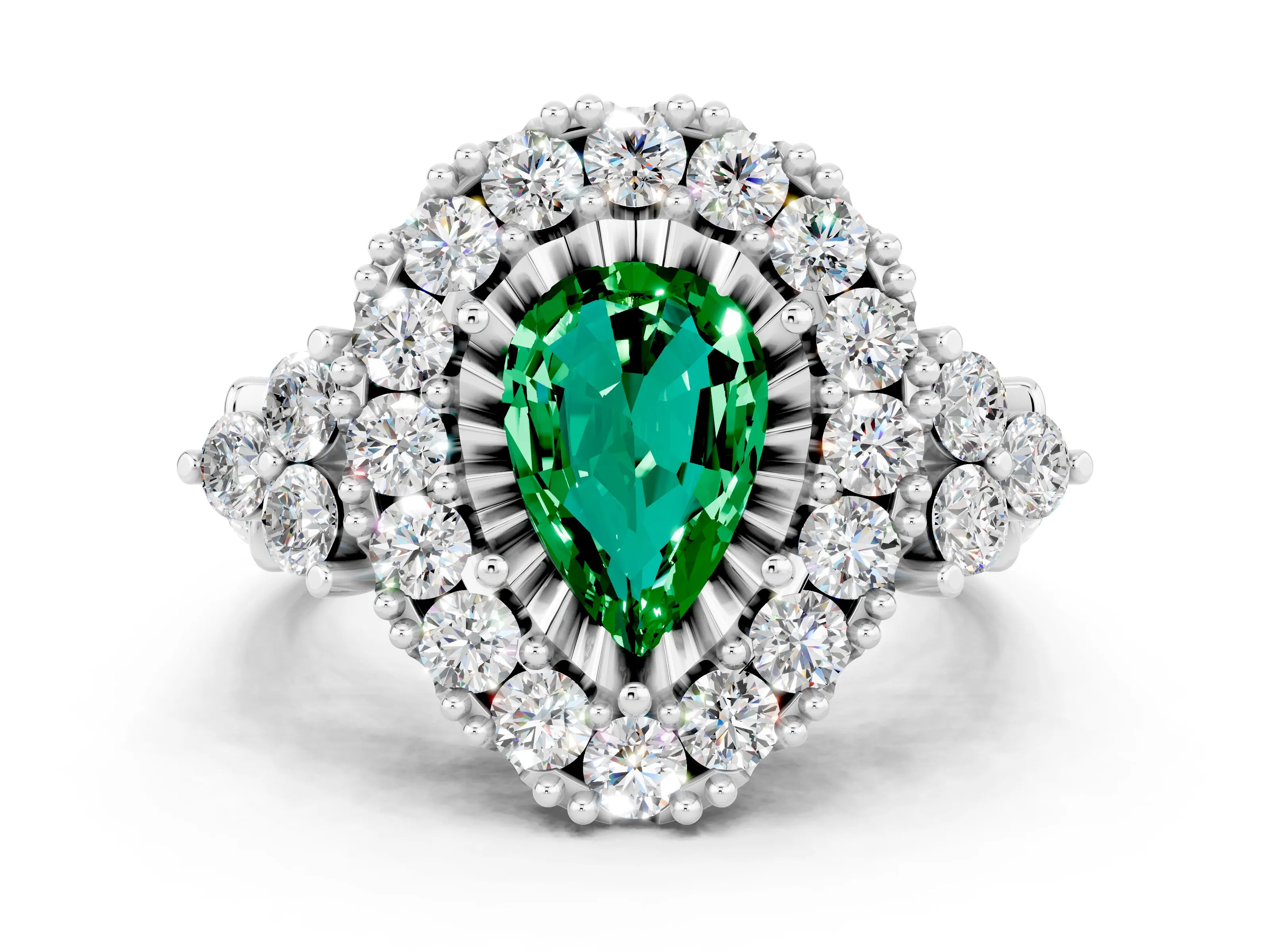 White gold Pear Cut Emerald Halo Ring with Pavé Band and Four-Prong Setting_12