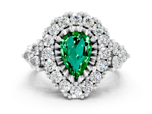 Platinum Pear Cut Emerald Halo Ring with Pavé Band and Four-Prong Setting