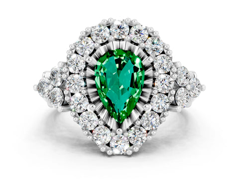 White gold Pear Cut Emerald Halo Ring with Pavé Band and Four-Prong Setting_12