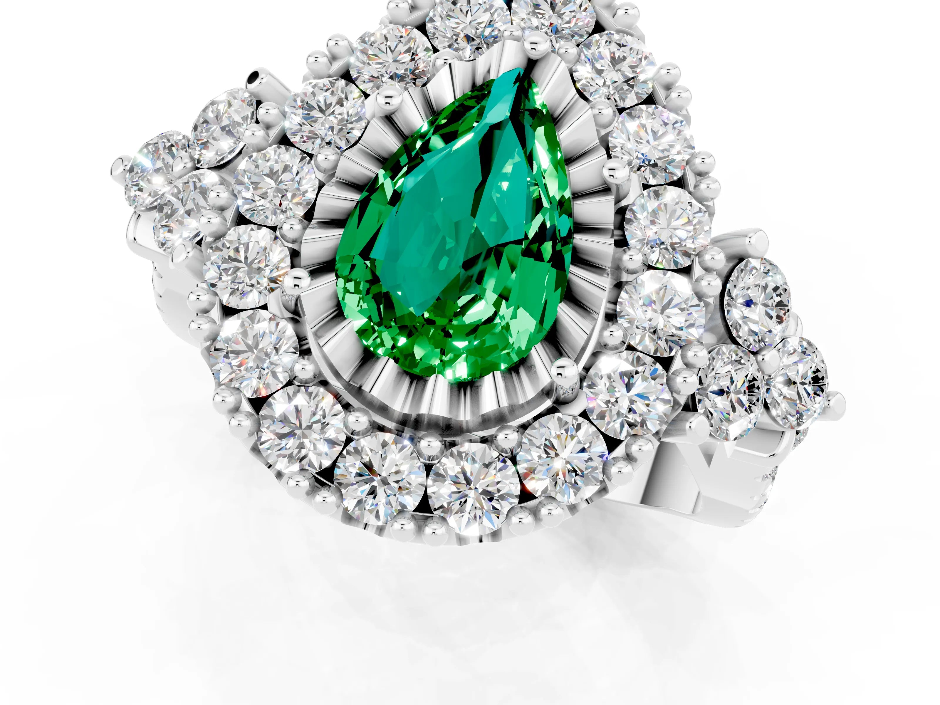 White gold Pear Cut Emerald Halo Ring with Pavé Band and Four-Prong Setting_13