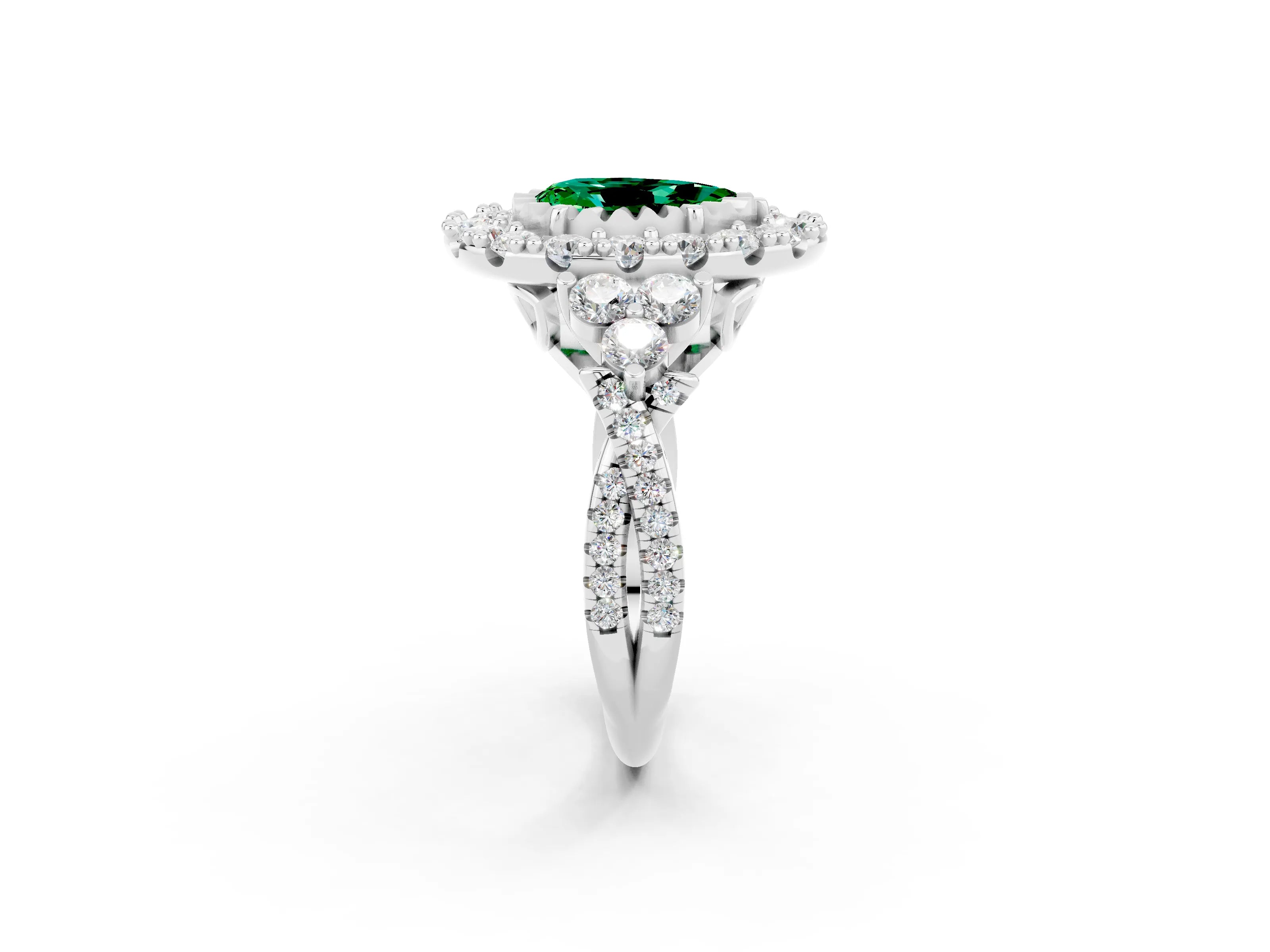 White gold Pear Cut Emerald Halo Ring with Pavé Band and Four-Prong Setting_14