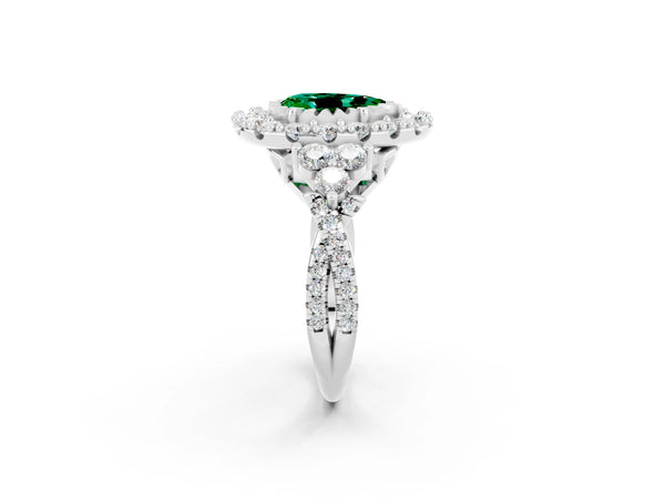 Silver Pear Cut Emerald Halo Ring with Pavé Band and Four-Prong Setting