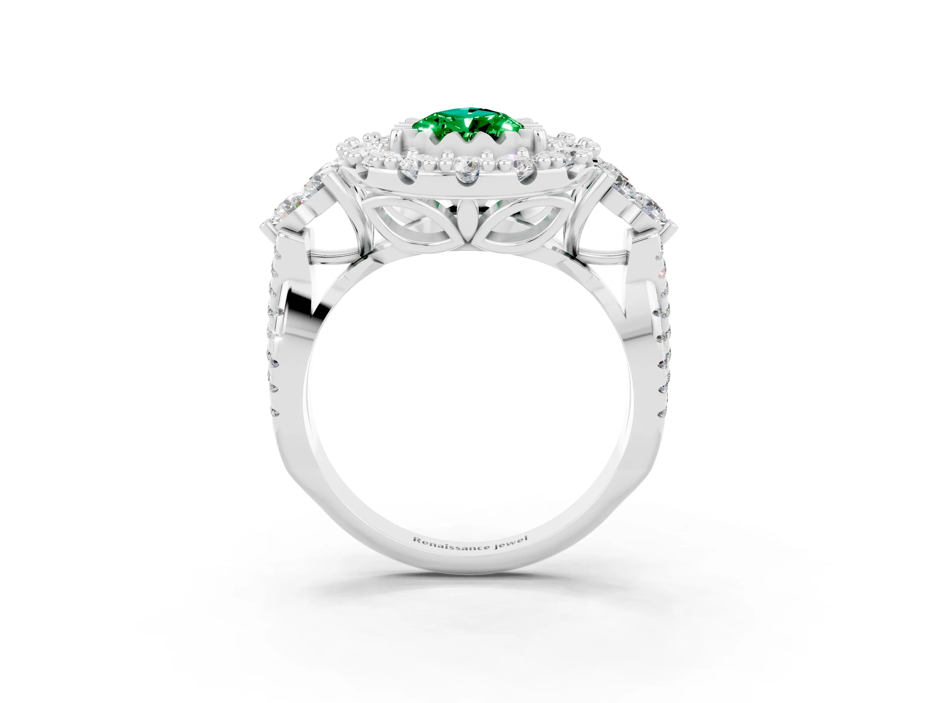 White gold Pear Cut Emerald Halo Ring with Pavé Band and Four-Prong Setting_15