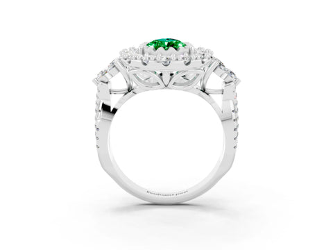 White gold Pear Cut Emerald Halo Ring with Pavé Band and Four-Prong Setting_15