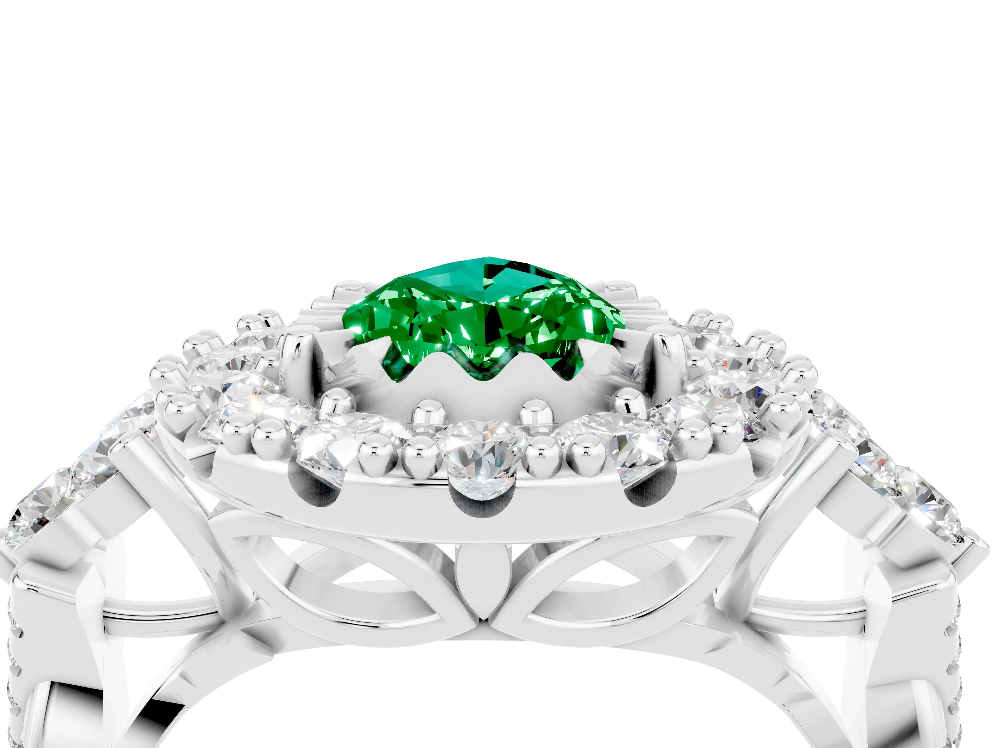 White gold Pear Cut Emerald Halo Ring with Pavé Band and Four-Prong Setting_16