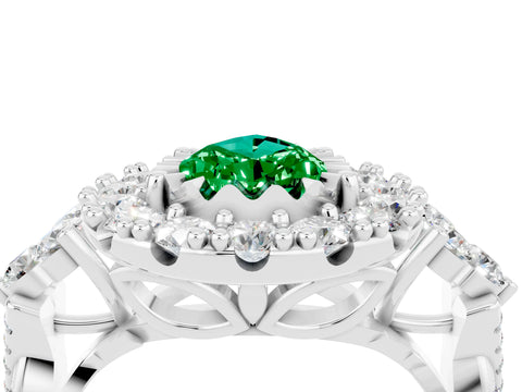 White gold Pear Cut Emerald Halo Ring with Pavé Band and Four-Prong Setting_16