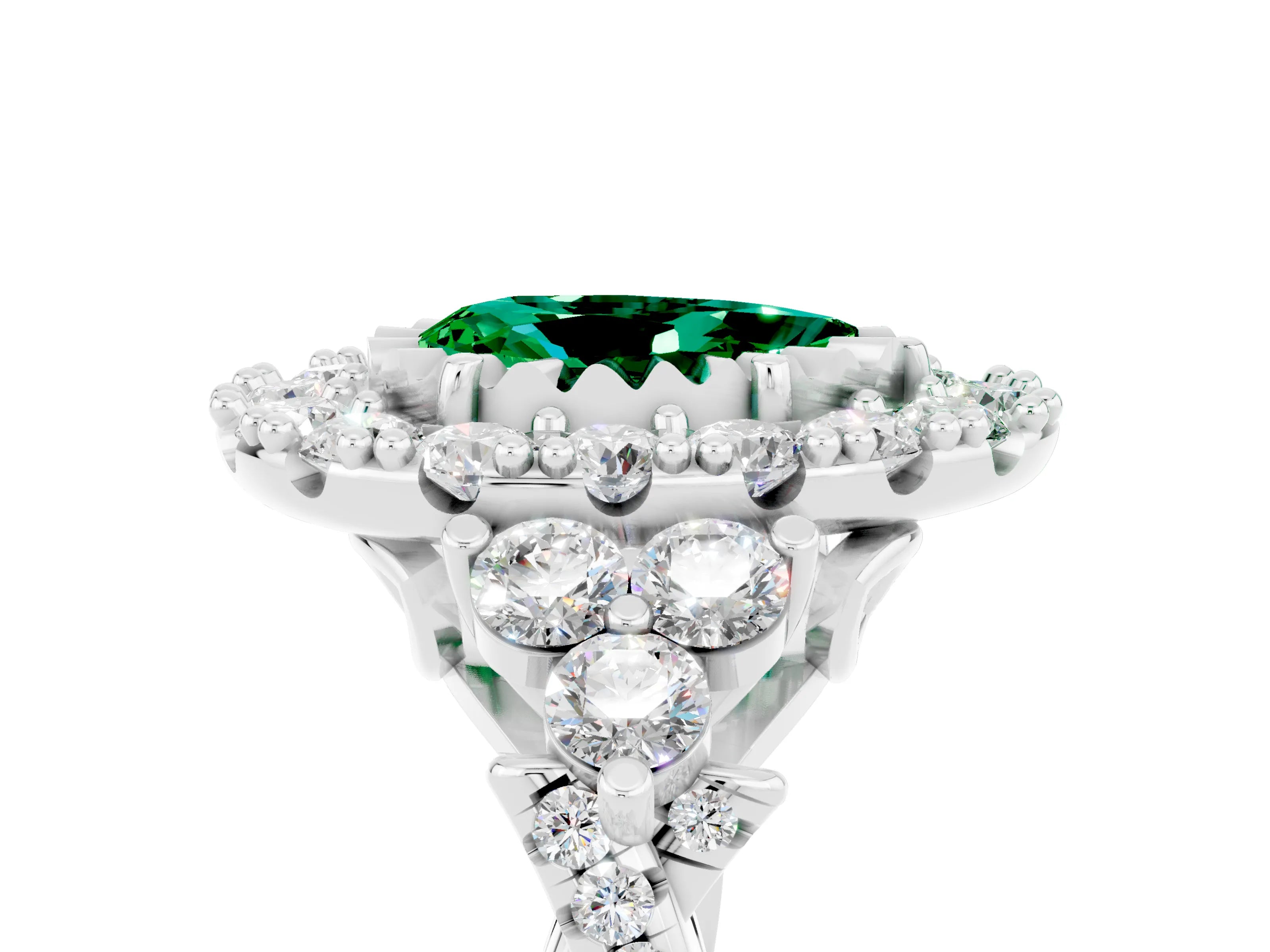 White gold Pear Cut Emerald Halo Ring with Pavé Band and Four-Prong Setting_17