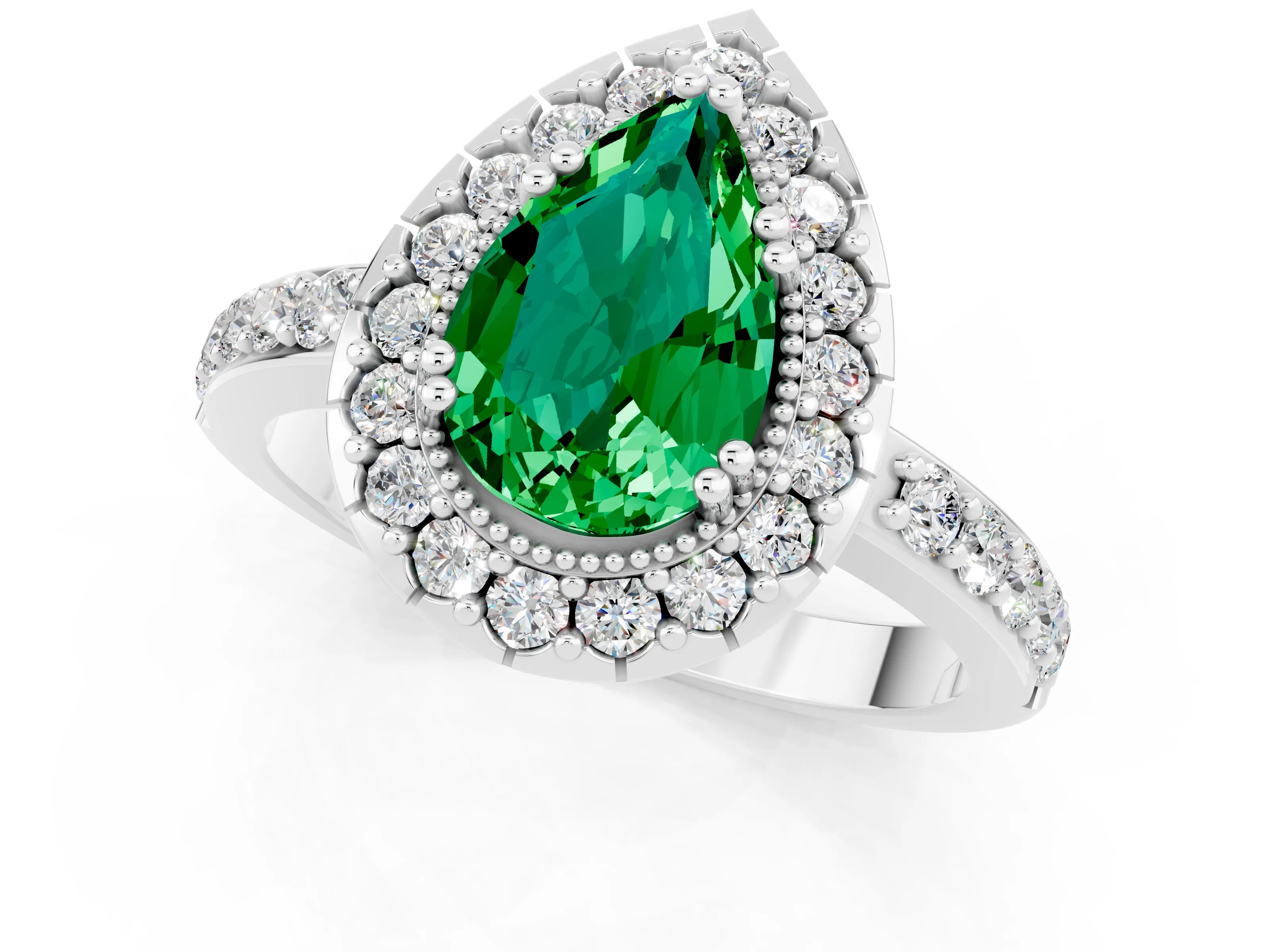 White gold Pear Cut Emerald Halo Ring with Pavé Band and Prong Setting_1