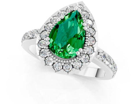 White gold Pear Cut Emerald Halo Ring with Pavé Band and Prong Setting_1