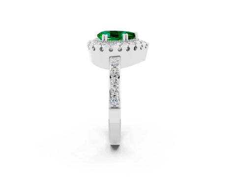 White gold Pear Cut Emerald Halo Ring with Pavé Band and Prong Setting_2