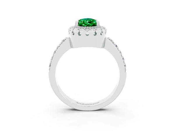 Platinum Pear-Shaped Lab-Grown Emerald Pierced Gallery Halo Engagement Ring