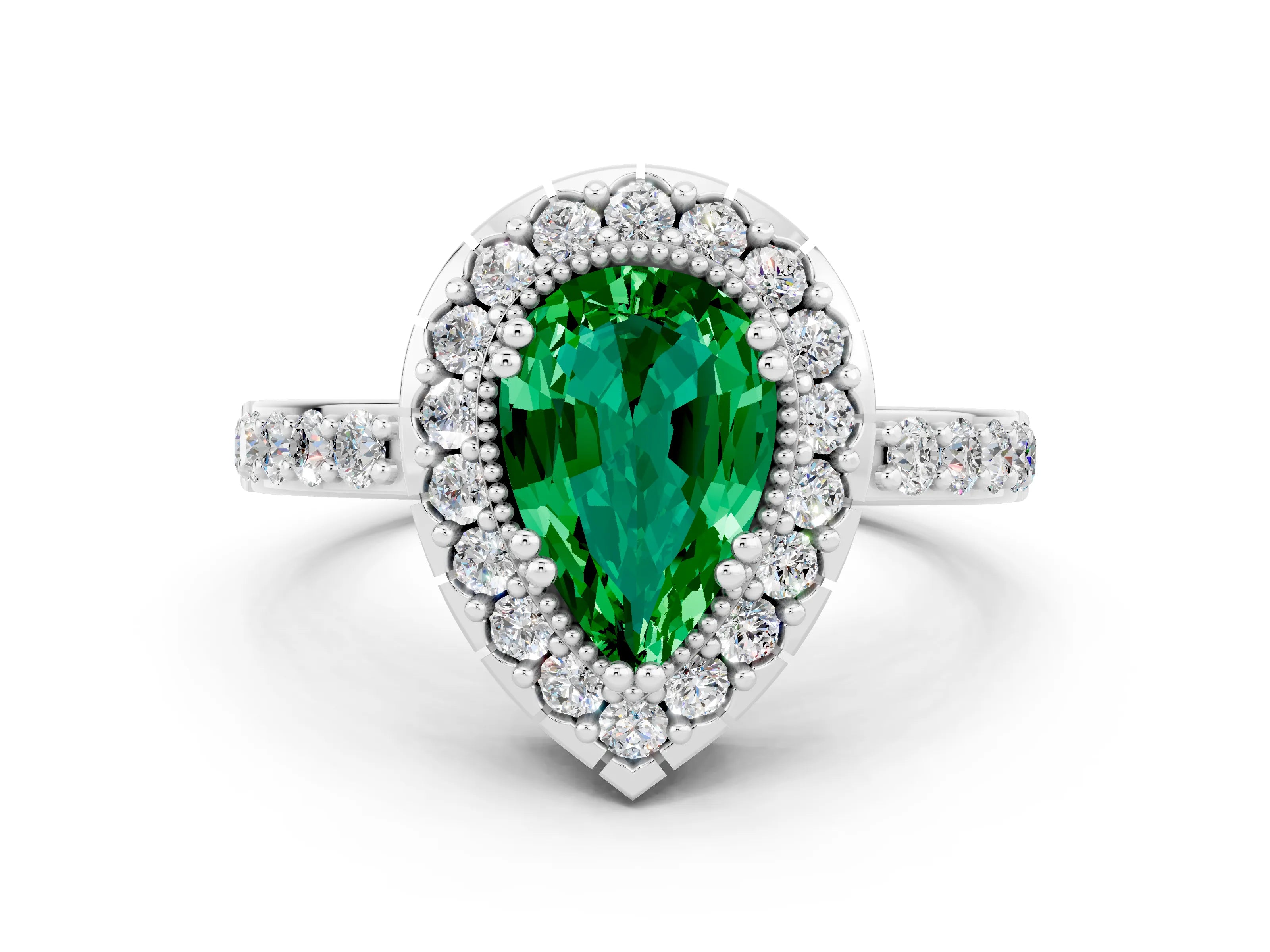 White gold Pear Cut Emerald Halo Ring with Pavé Band and Prong Setting