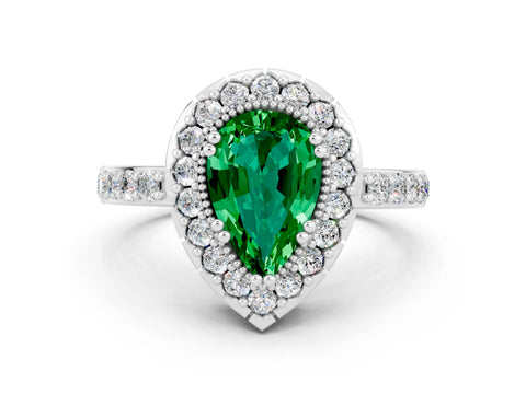 White gold Pear Cut Emerald Halo Ring with Pavé Band and Prong Setting
