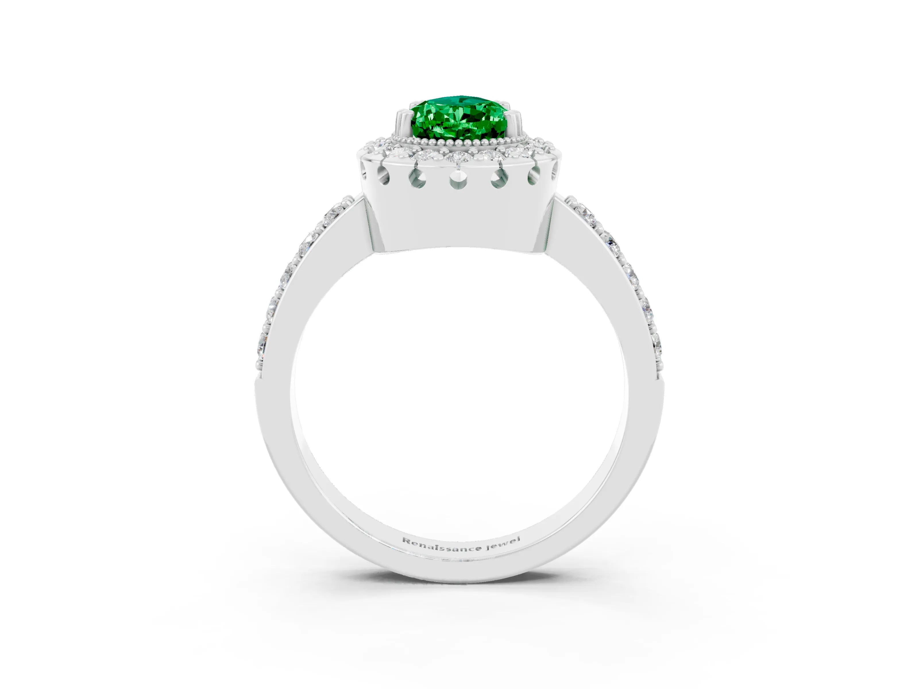 White gold Pear Cut Emerald Halo Ring with Pavé Band and Prong Setting_3