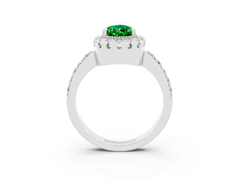 White gold Pear Cut Emerald Halo Ring with Pavé Band and Prong Setting_3
