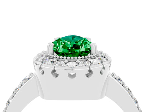 White gold Pear Cut Emerald Halo Ring with Pavé Band and Prong Setting_4