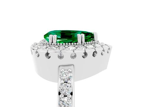 White gold Pear Cut Emerald Halo Ring with Pavé Band and Prong Setting_5