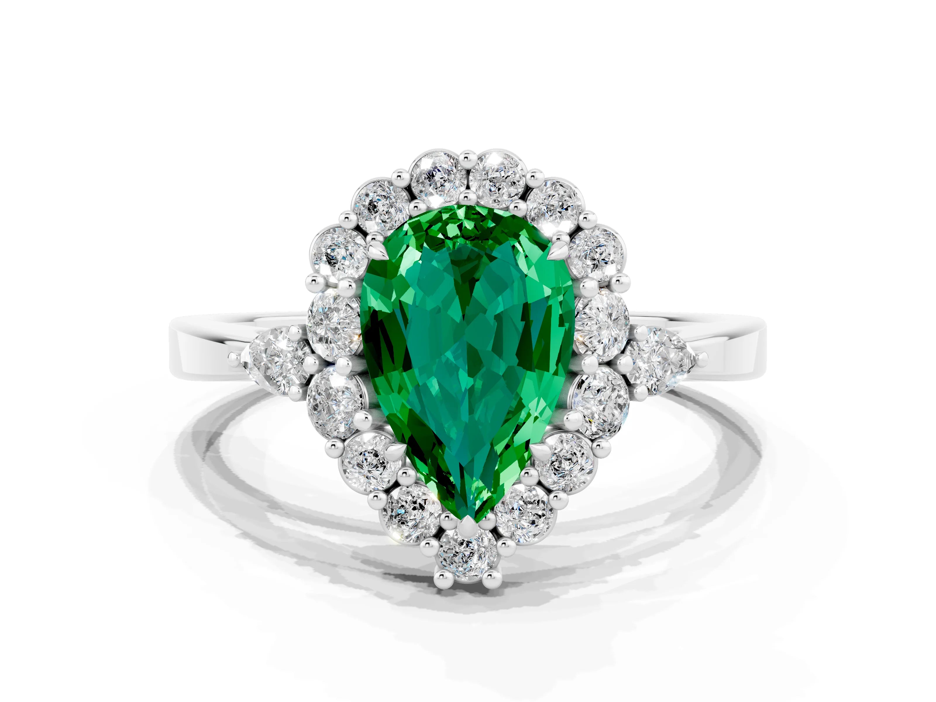 White gold Pear Cut Emerald Halo Ring with Pear Side Stones and Prong Setting_24