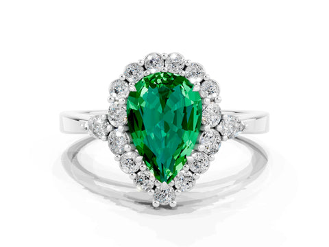 White gold Pear Cut Emerald Halo Ring with Pear Side Stones and Prong Setting_24