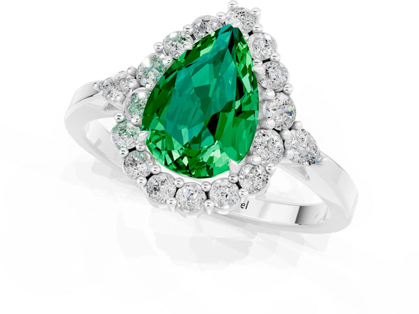 Platinum Pear Cut Emerald Halo Ring with Pear Side Stones and Prong Setting