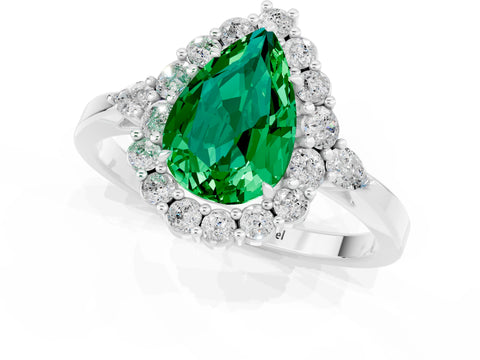 White gold Pear Cut Emerald Halo Ring with Pear Side Stones and Prong Setting_25