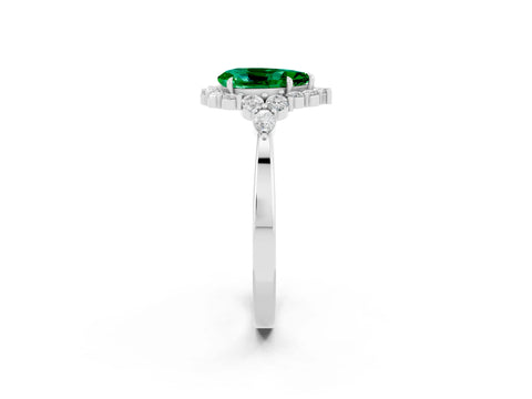 White gold Pear Cut Emerald Halo Ring with Pear Side Stones and Prong Setting_26