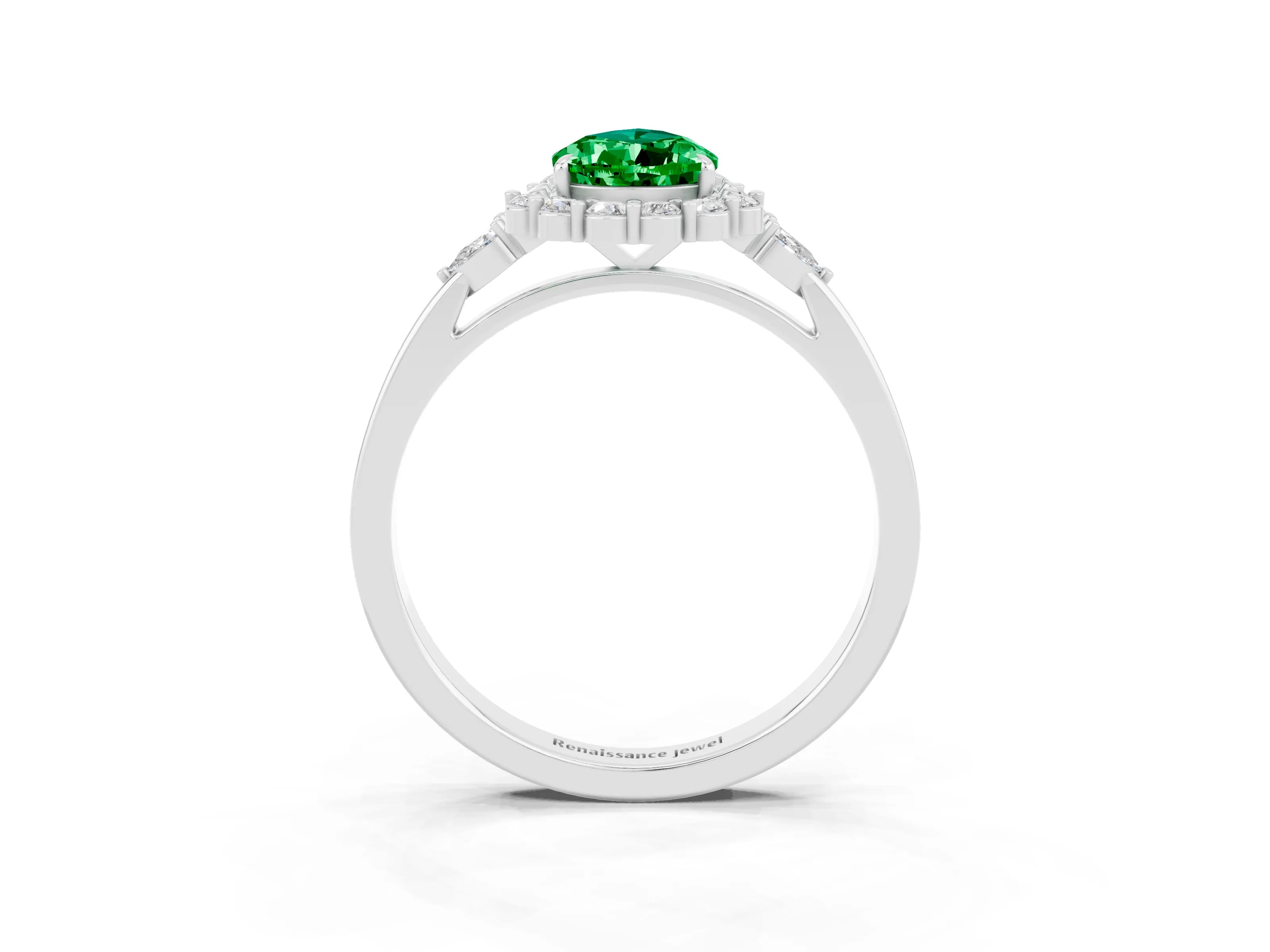 White gold Pear Cut Emerald Halo Ring with Pear Side Stones and Prong Setting_27