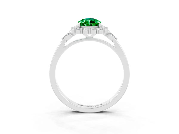 White gold Pear Cut Emerald Halo Ring with Pear Side Stones and Prong Setting