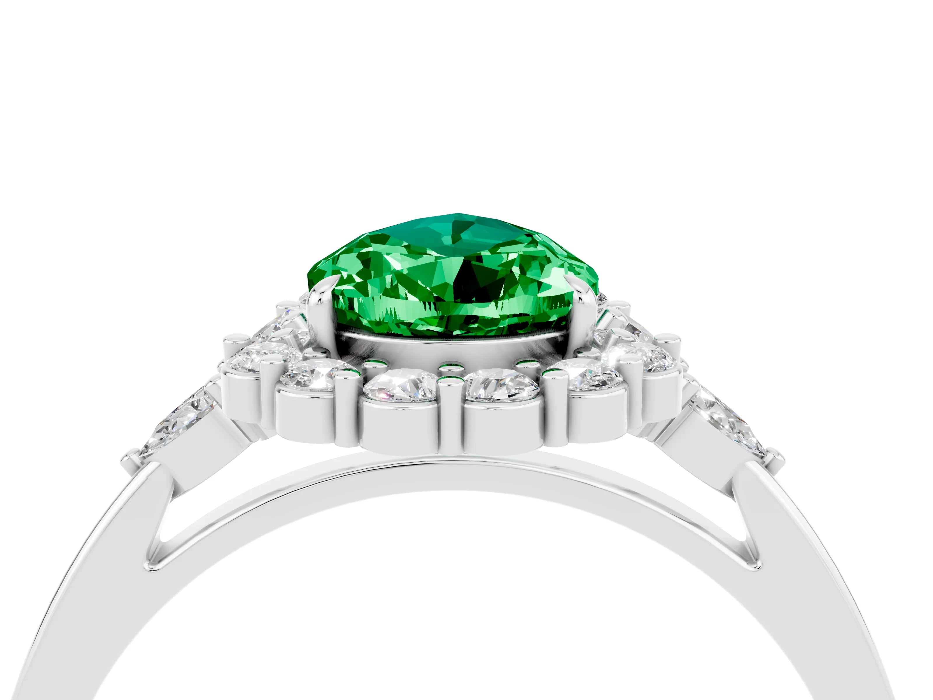 White gold Pear Cut Emerald Halo Ring with Pear Side Stones and Prong Setting_28