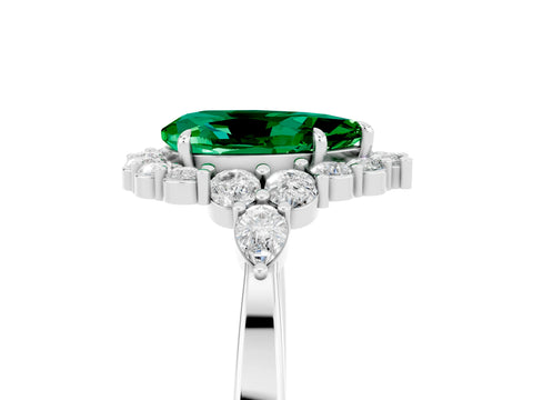 White gold Pear Cut Emerald Halo Ring with Pear Side Stones and Prong Setting_29