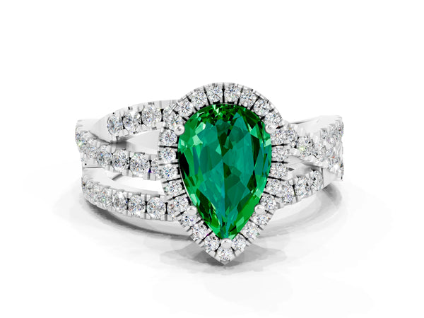 Platinum Pear Cut Emerald Halo Ring with Round Split Shank and Prong Setting