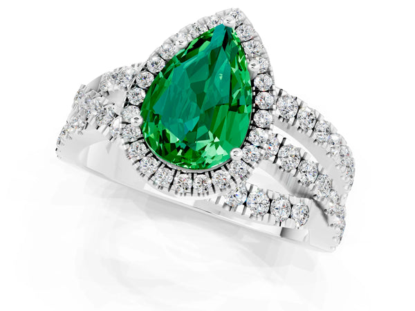 Platinum Pear Cut Emerald Halo Ring with Round Split Shank and Prong Setting