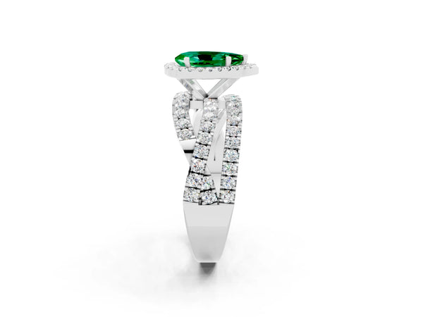Platinum Pear Cut Emerald Halo Ring with Round Split Shank and Prong Setting