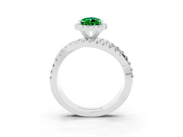 Silver Pear Cut Emerald Halo Ring with Round Split Shank and Prong Setting