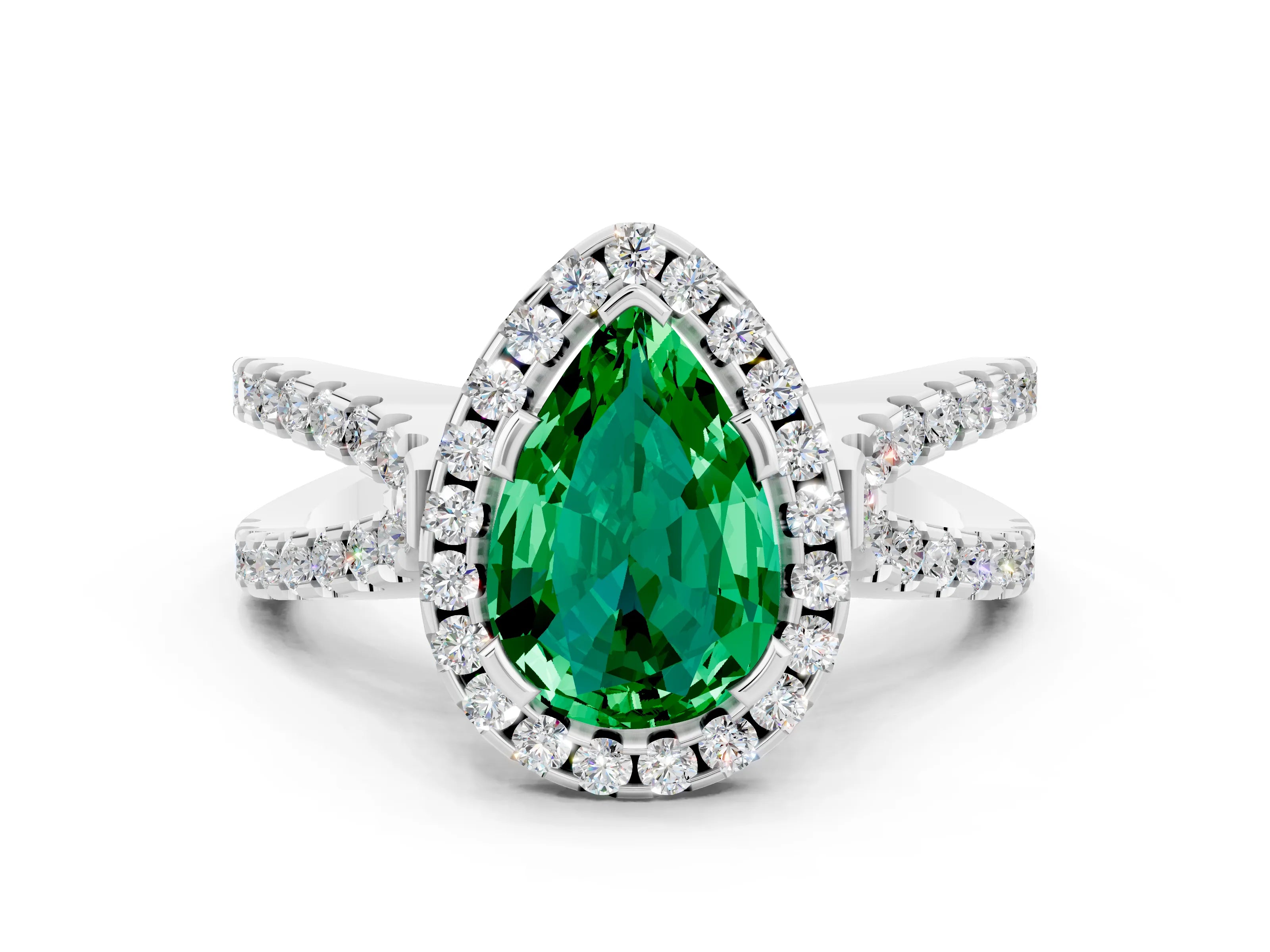 White gold Pear Cut Emerald Halo Ring with Split Shank Pavé Band and Prong Setting
