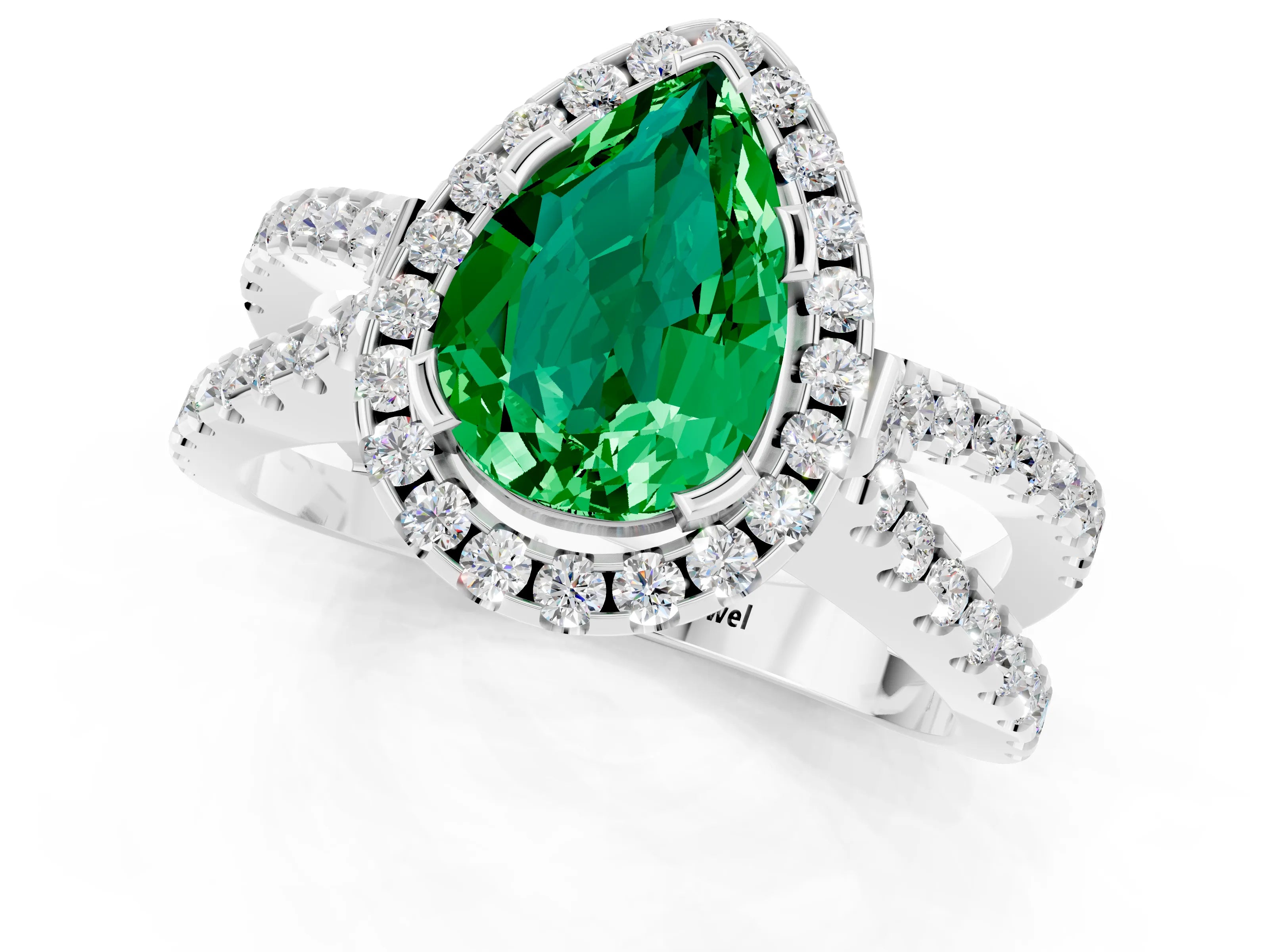 White gold Pear Cut Emerald Halo Ring with Split Shank Pavé Band and Prong Setting_1