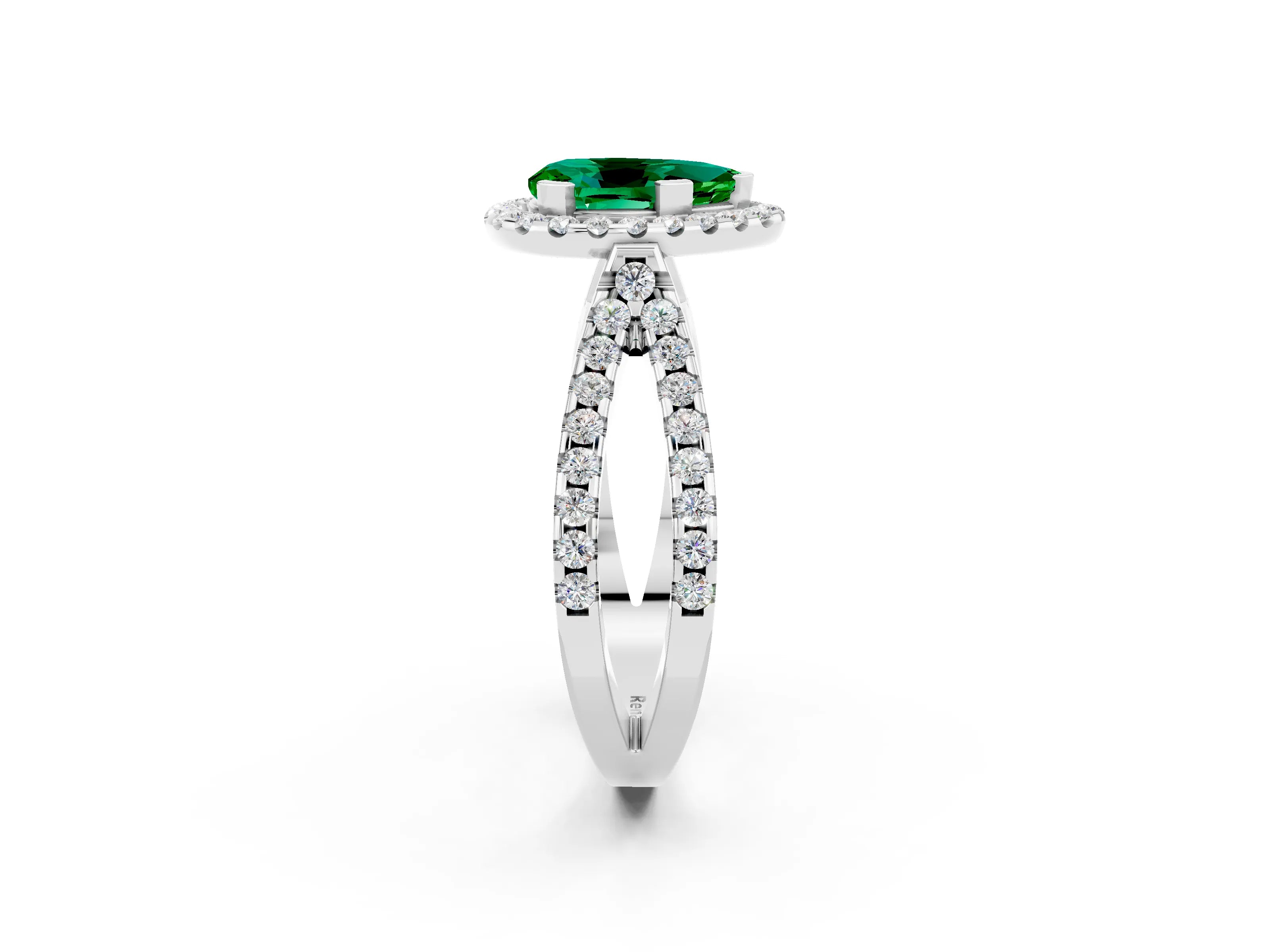 White gold Pear Cut Emerald Halo Ring with Split Shank Pavé Band and Prong Setting_2