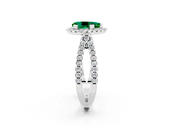 Platinum Pear Cut Emerald Halo Ring with Split Shank Pavé Band and Prong Setting