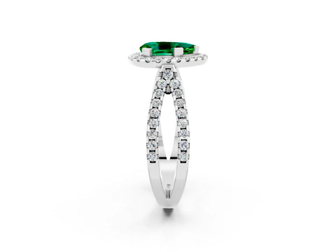 White gold Pear Cut Emerald Halo Ring with Split Shank Pavé Band and Prong Setting_2