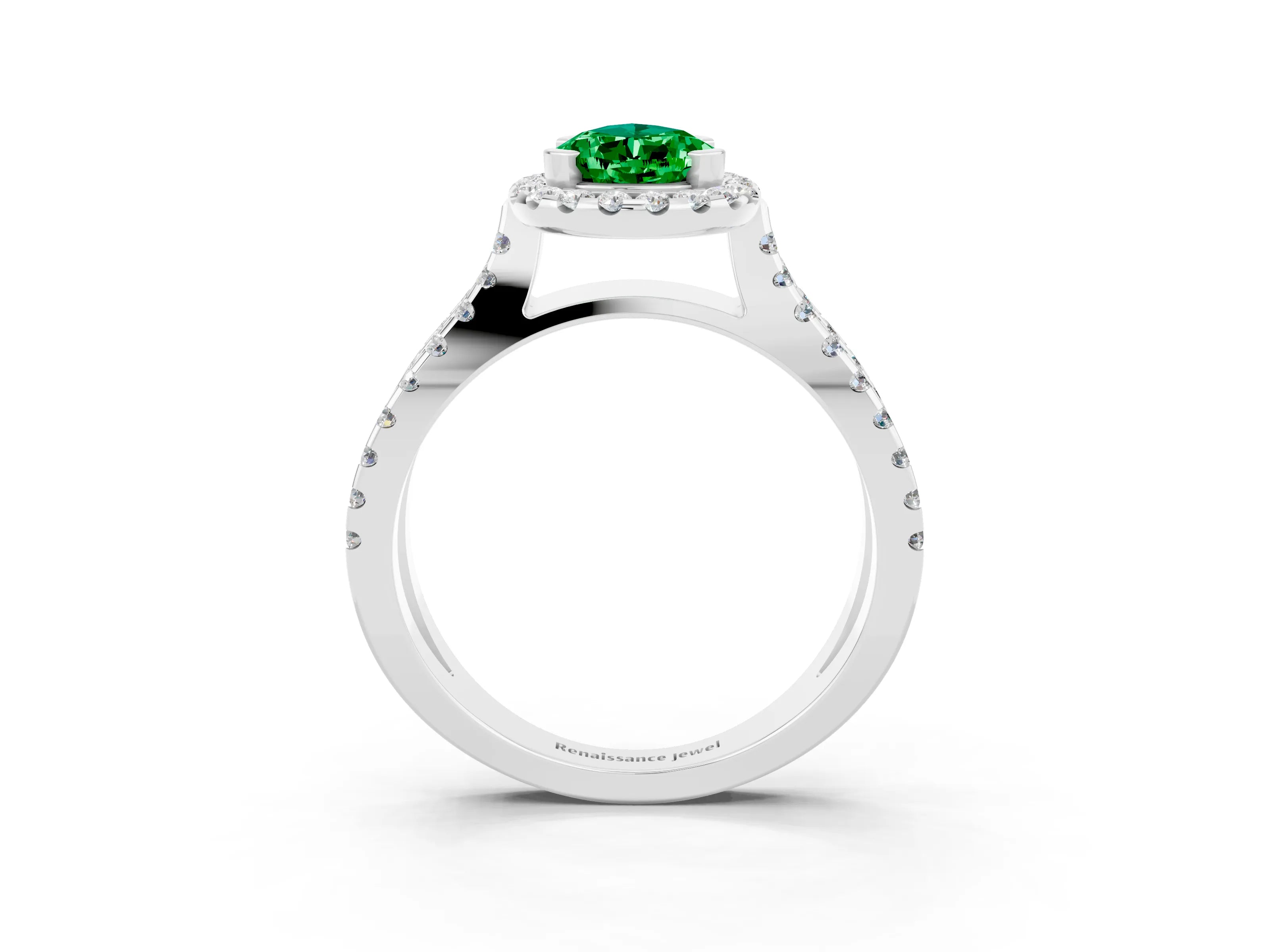 White gold Pear Cut Emerald Halo Ring with Split Shank Pavé Band and Prong Setting_3