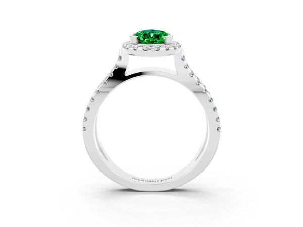 Silver Pear Cut Emerald Halo Ring with Split Shank Pavé Band and Prong Setting