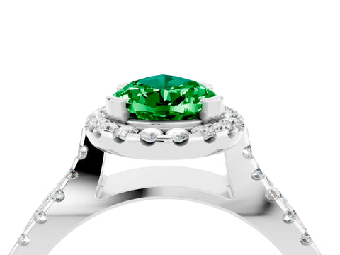 White gold Pear Cut Emerald Halo Ring with Split Shank Pavé Band and Prong Setting_4