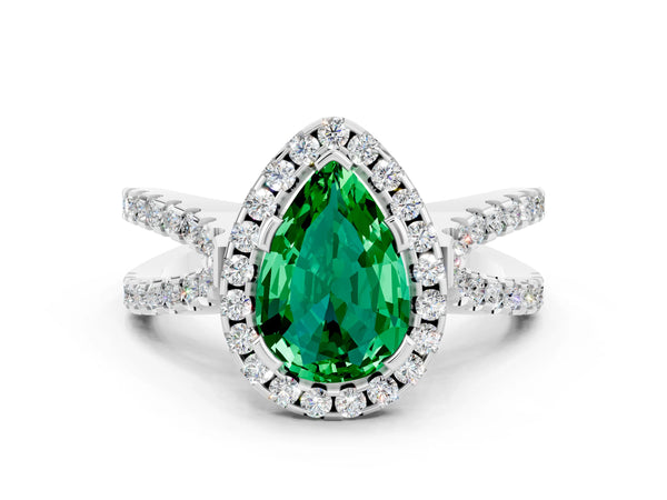 White gold Pear Cut Emerald Halo Ring with Split Shank Pavé Band and Prong Setting