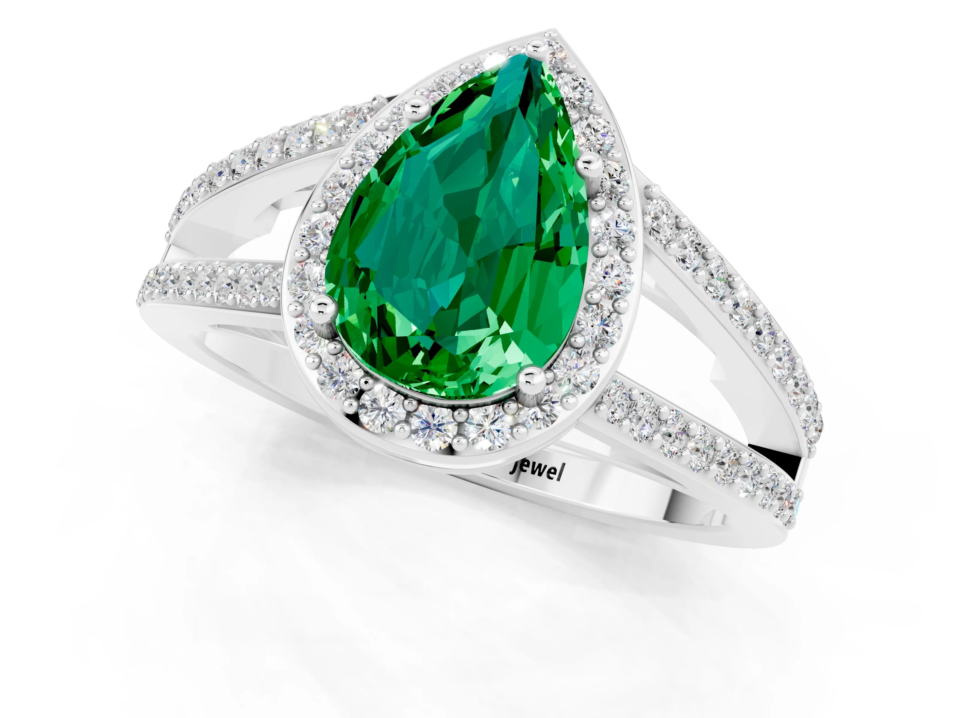 White gold Pear Cut Emerald Halo Ring with Split Shank U-Prong Band and Four-Prong Setting_1