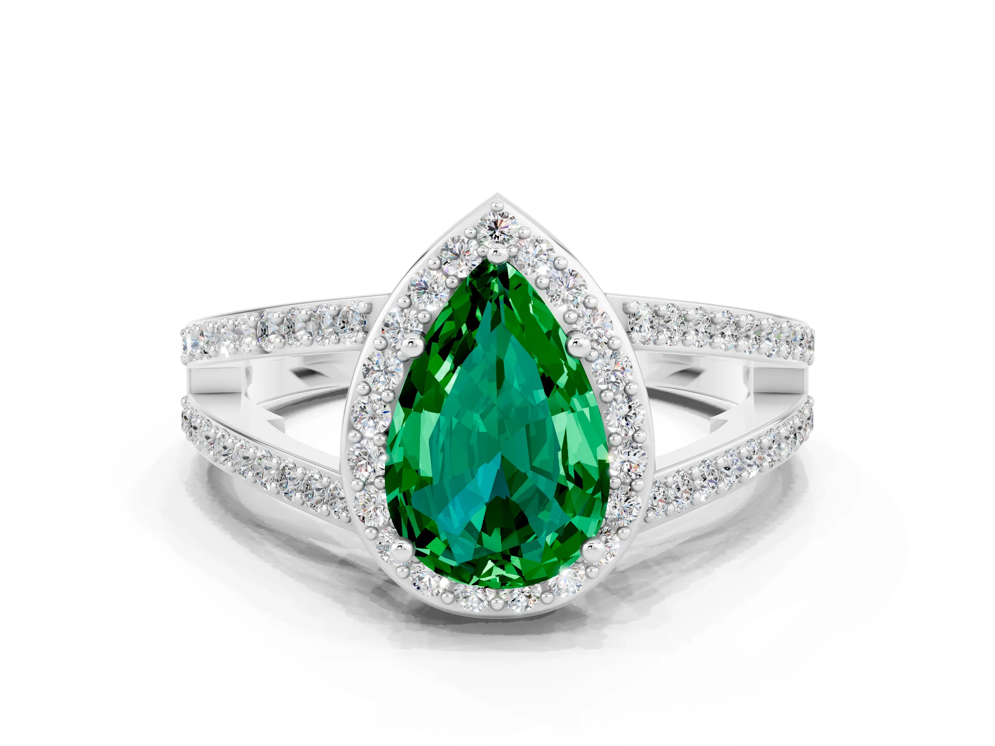 White gold Pear Cut Emerald Halo Ring with Split Shank U-Prong Band and Four-Prong Setting